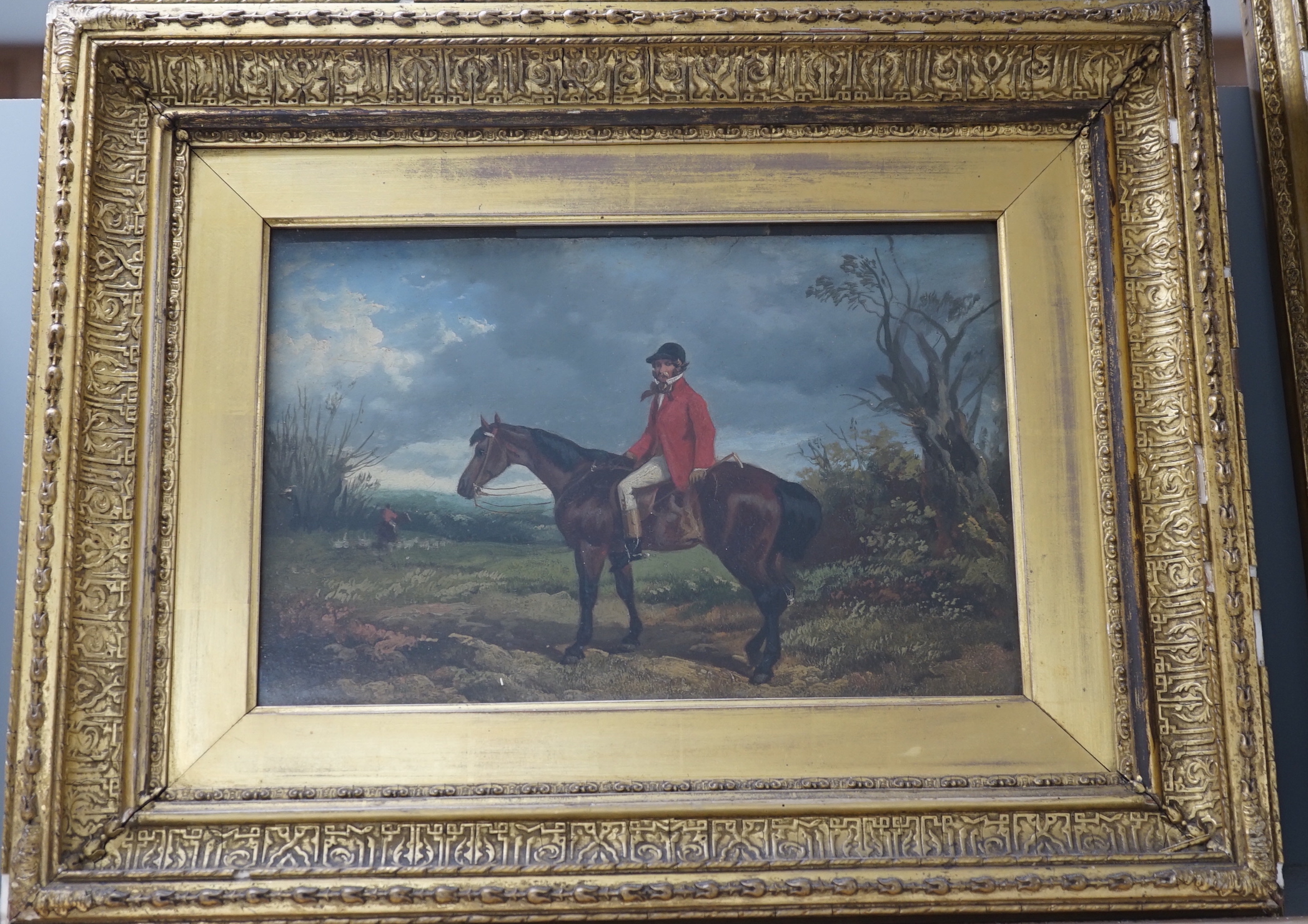 Byron Webb (1831-1867) two oils on board, Huntsmen on horseback, one signed, the other inscribed verso, largest 28 x 22cm, ornate gilt frames
